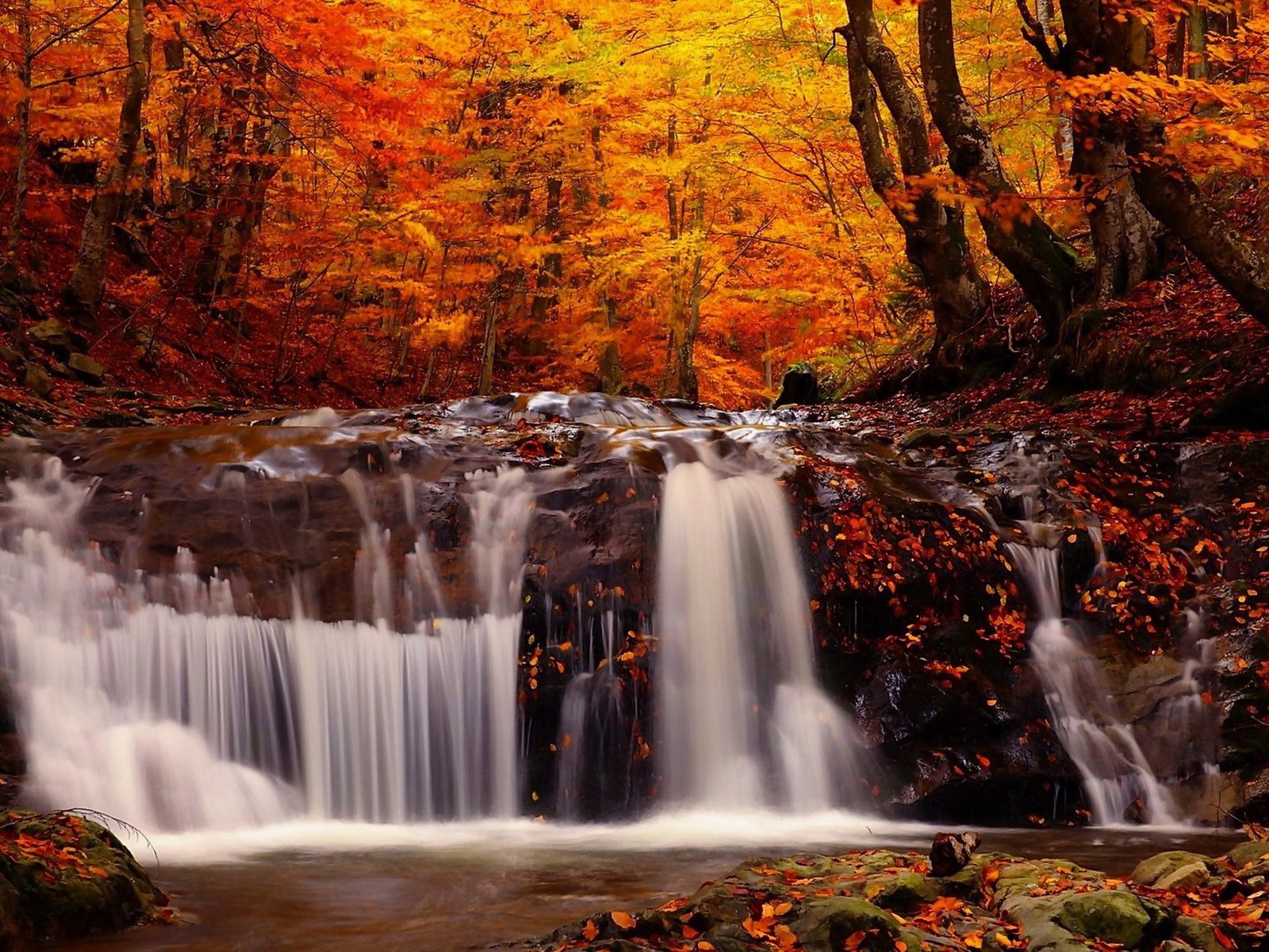 Водопад на камнях в осеннем лесу