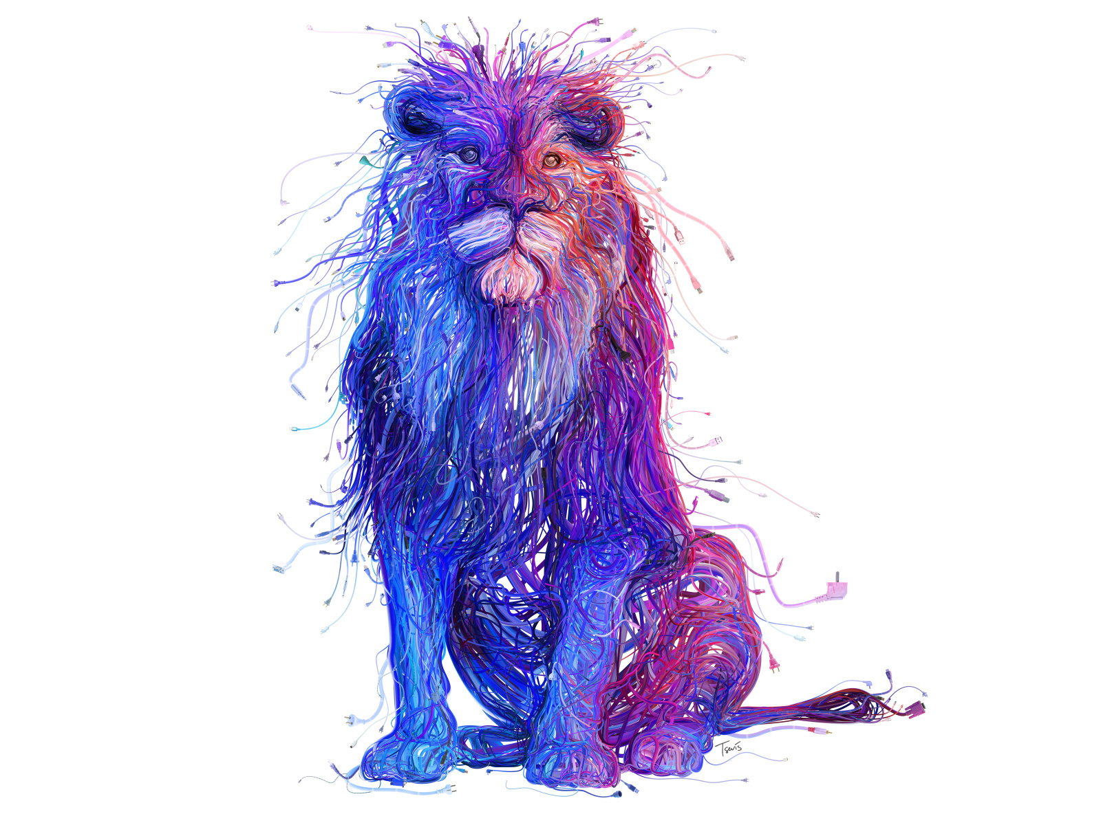 Большой лев из разноцветных проводов на белом фоне 3д графика