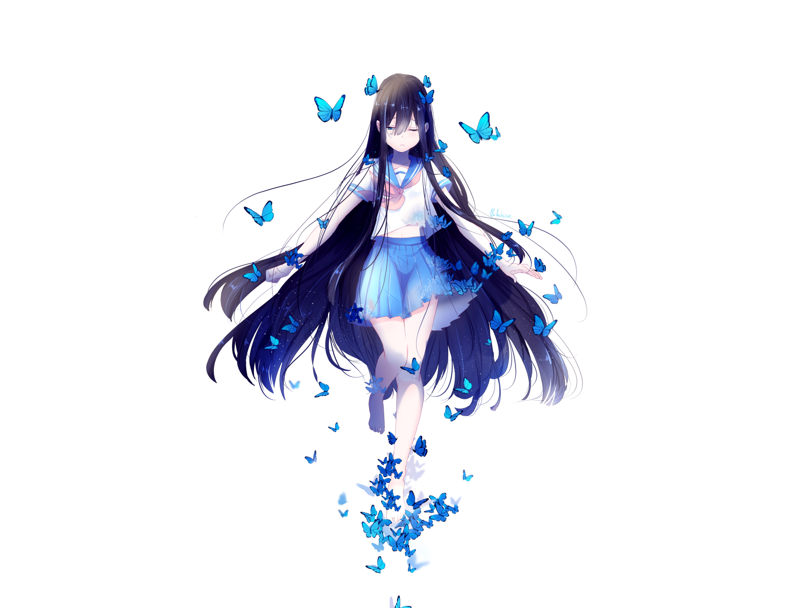 Девушка аниме с длинными волосами с голубыми бабочками на белом фоне