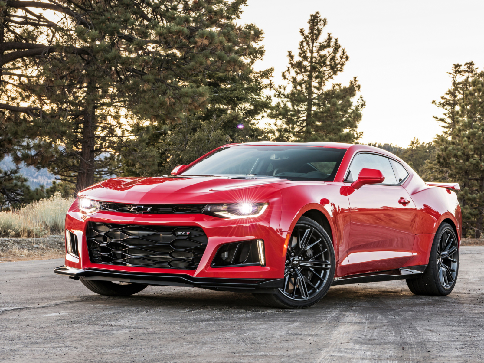Красный автомобиль Chevrolet Camaro ZL1 на фоне леса 