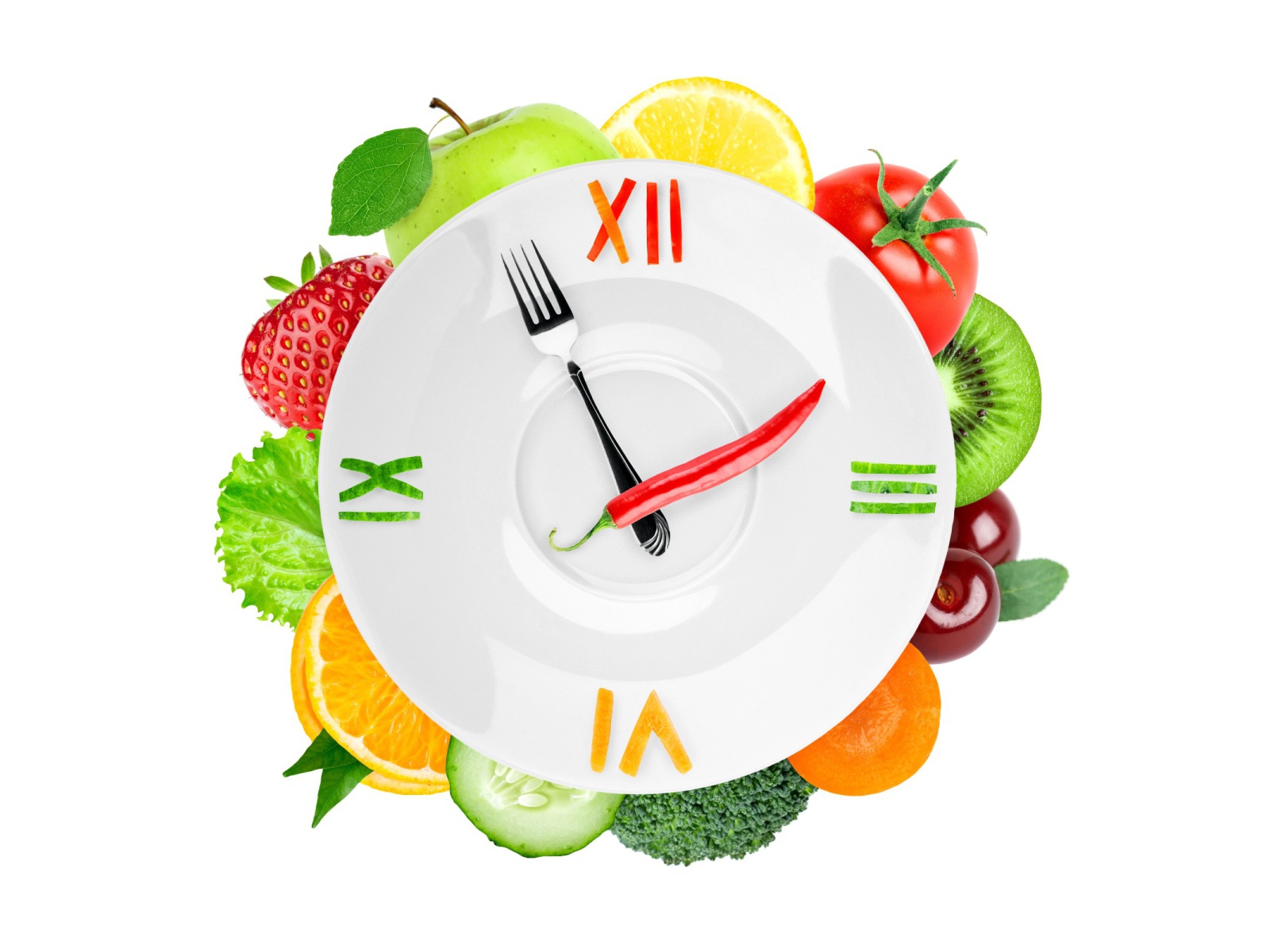 Креативные часы для вегетарианцев на белом фоне 