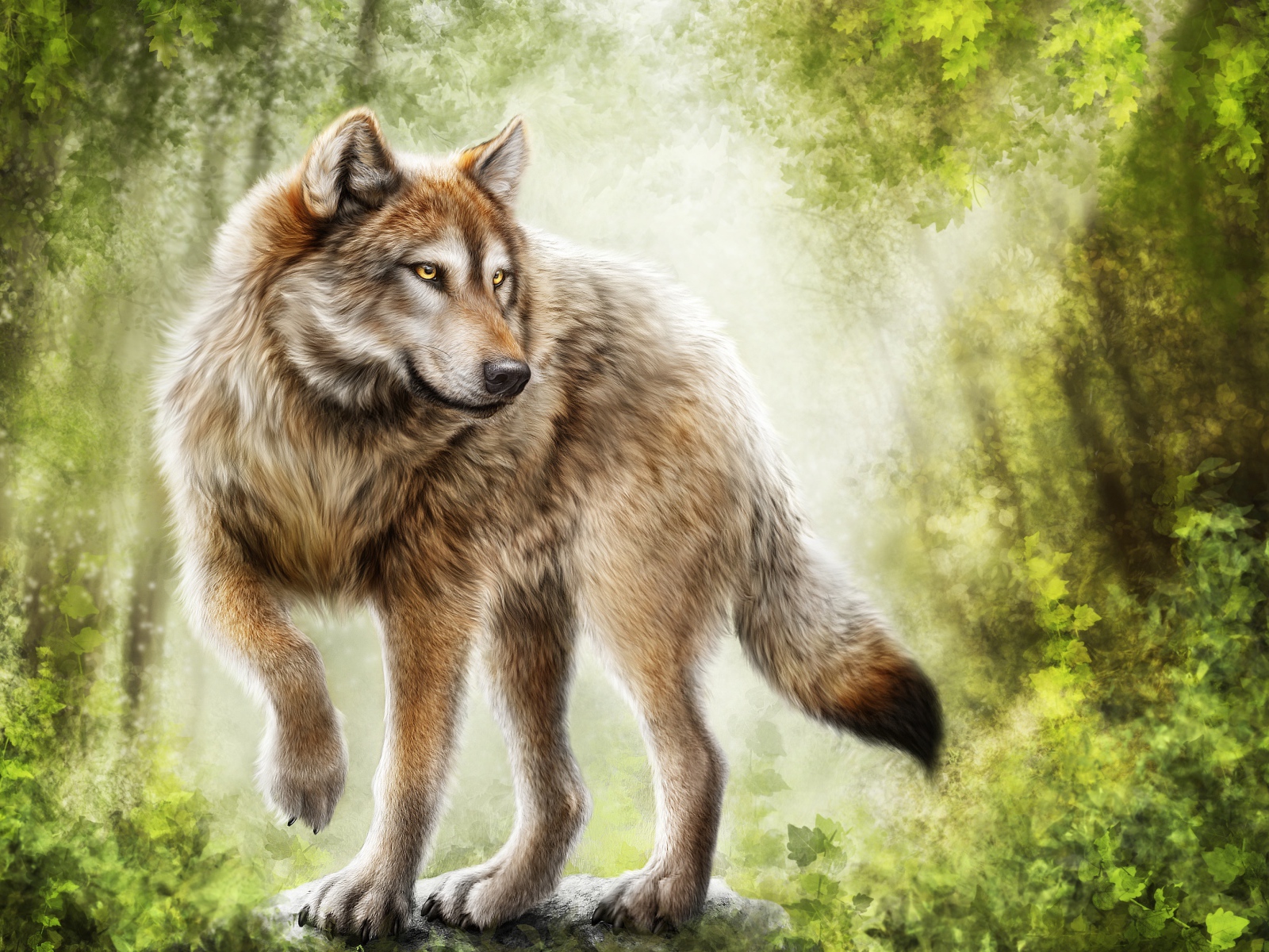 Нарисованный большой волк стоит в лесу