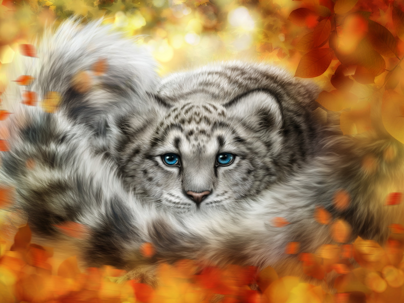 Young snow leopard in yellow leaves, drawing