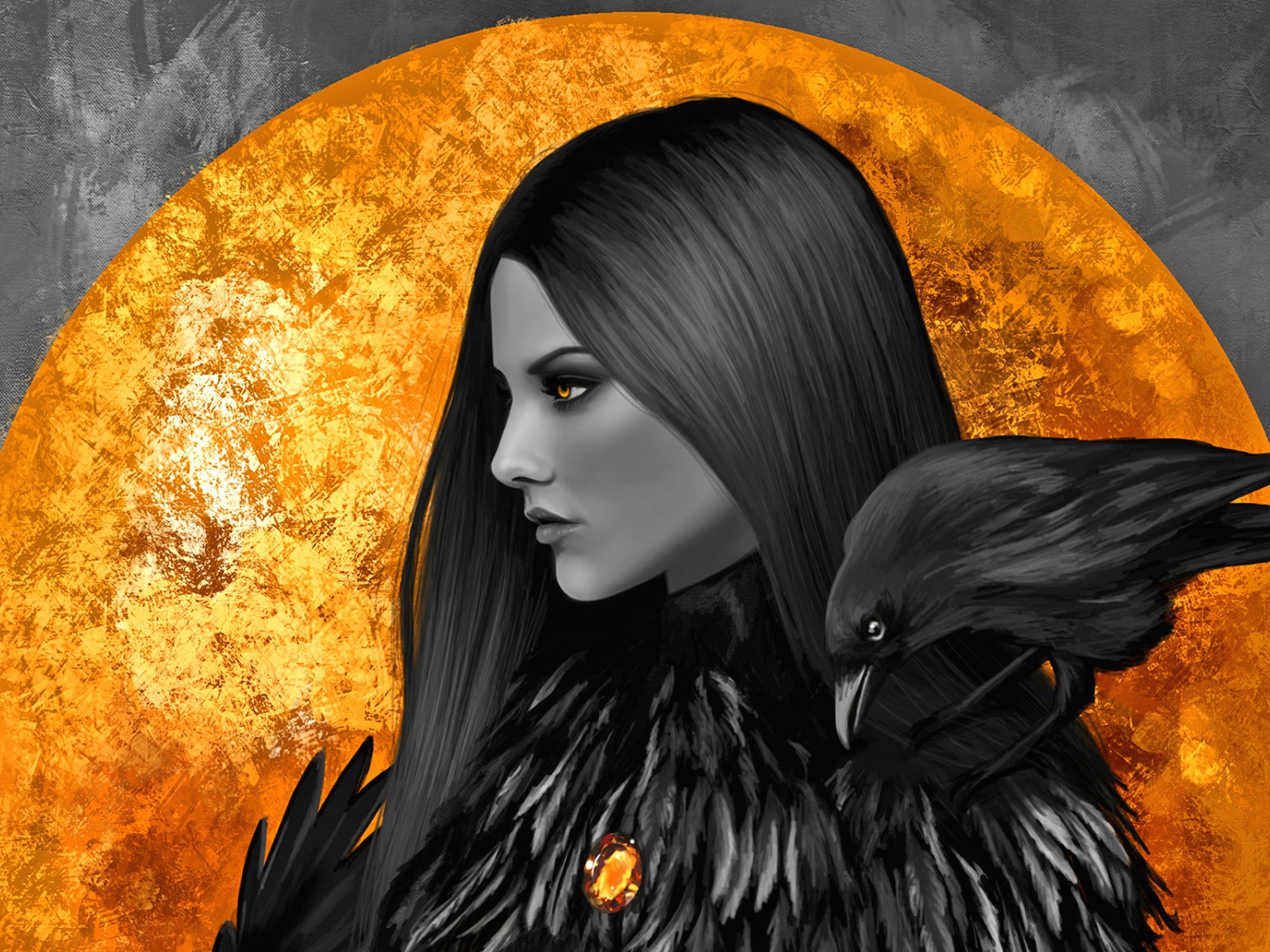 Девушка с желтыми глазами и вороном на плече на фоне большой луны 