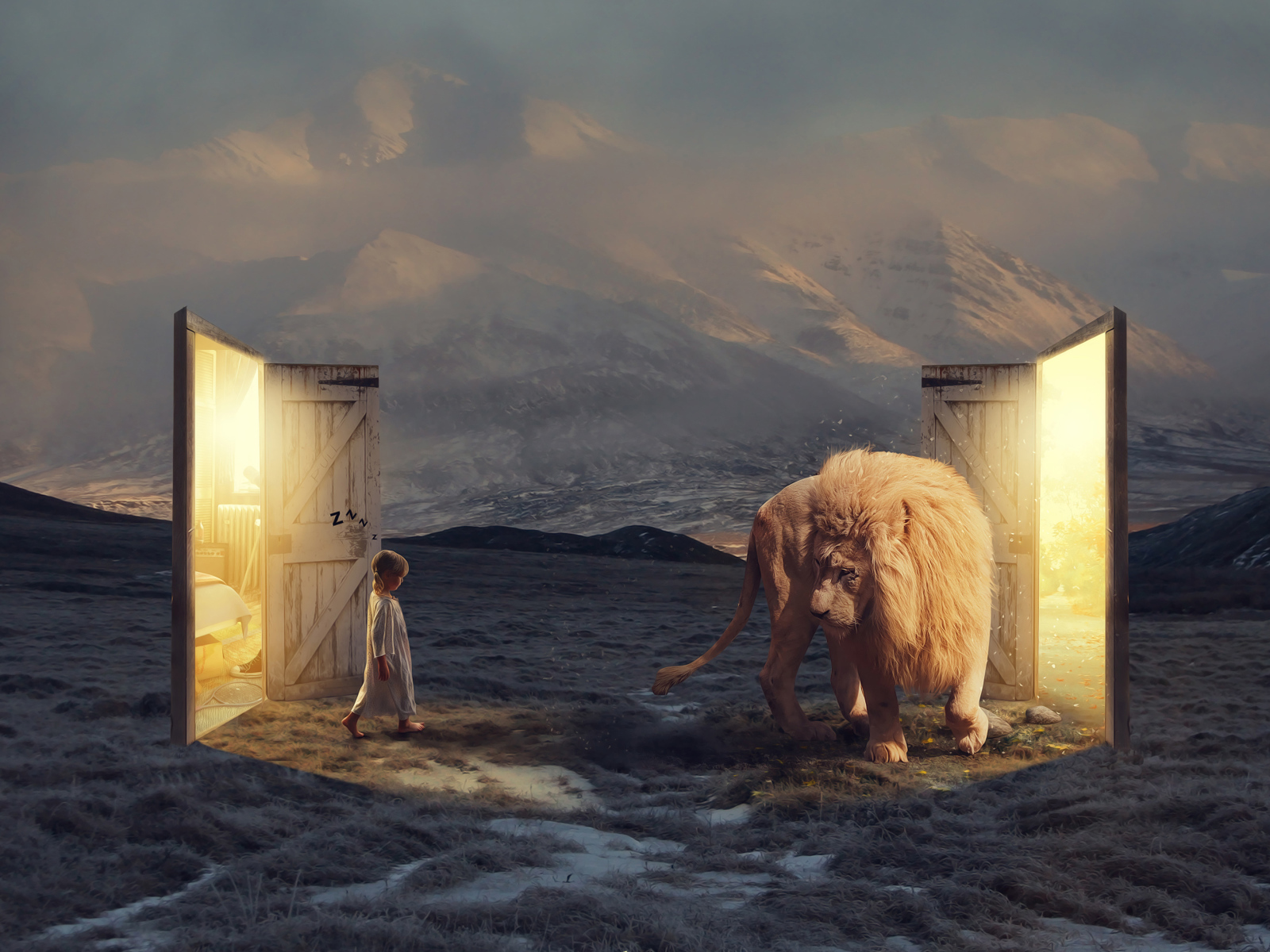 Маленькая девочка идет в фантастическую дверь у белому льву
