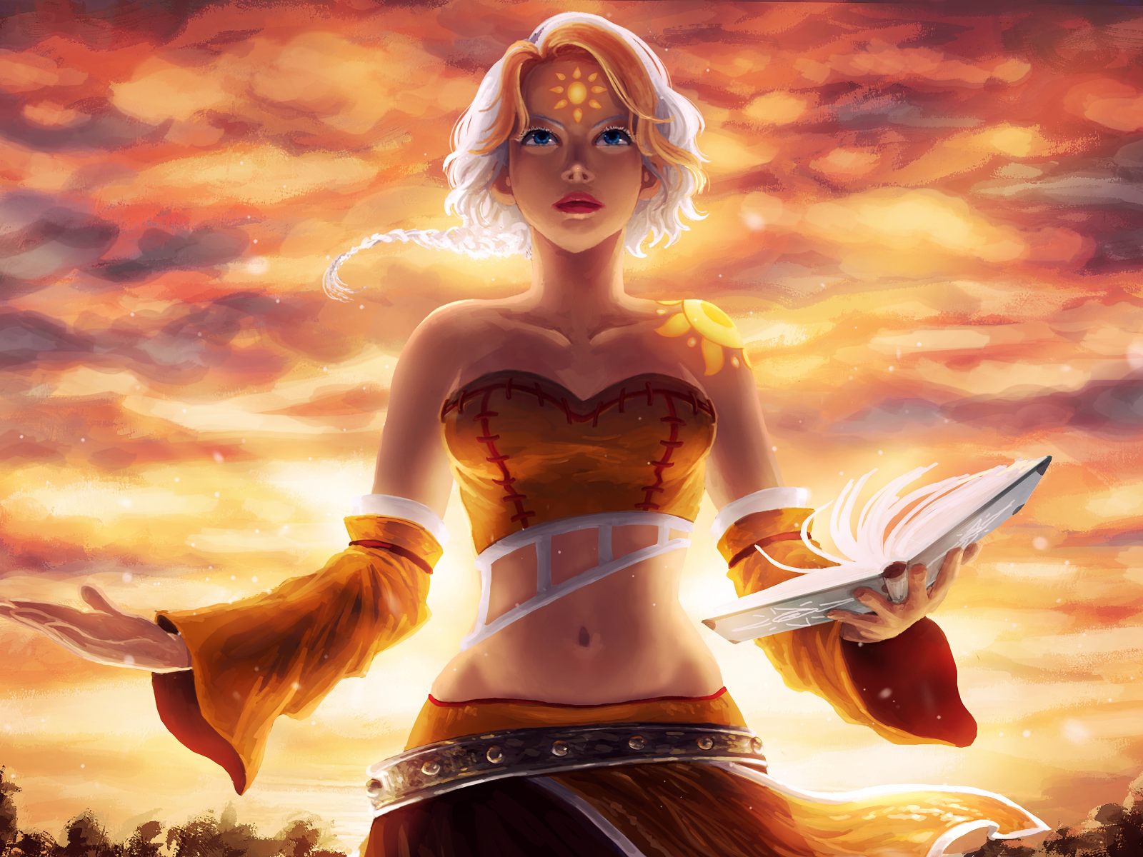 Голубоглазая девушка блондинка с волшебной книгой в руке, фэнтези