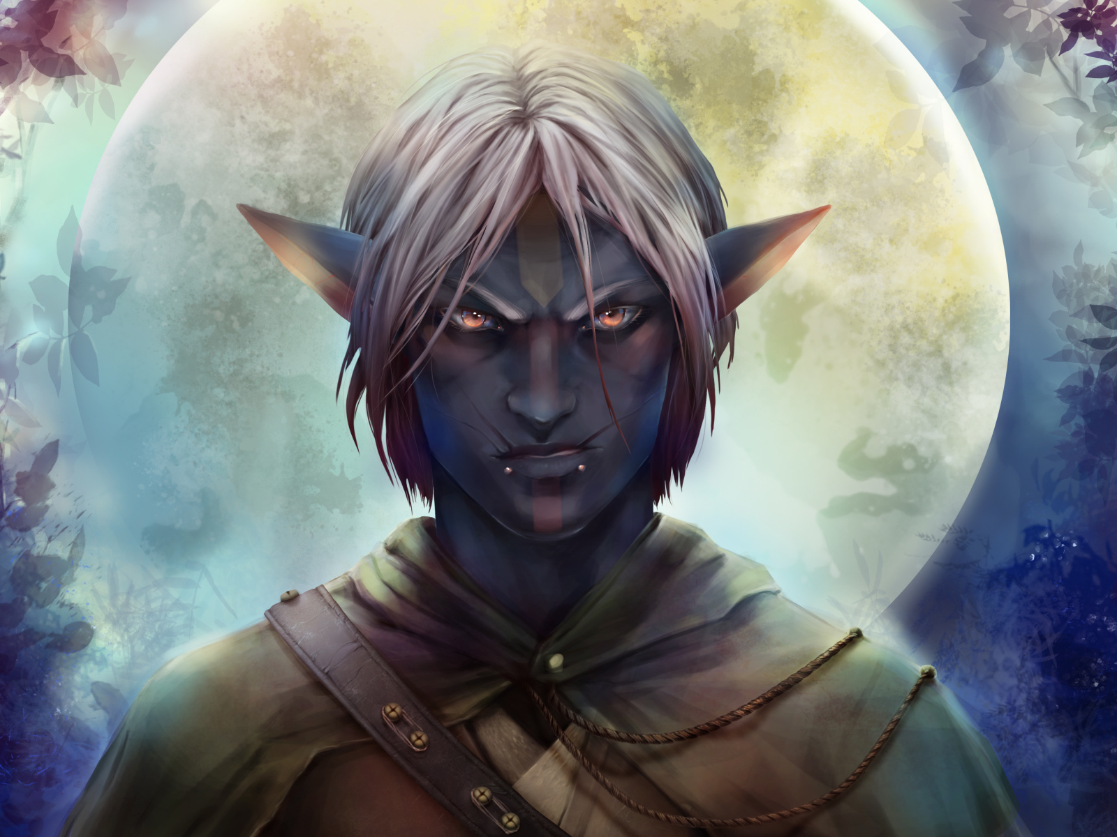 Хмурый мужчина эльф на фоне луны фэнтези