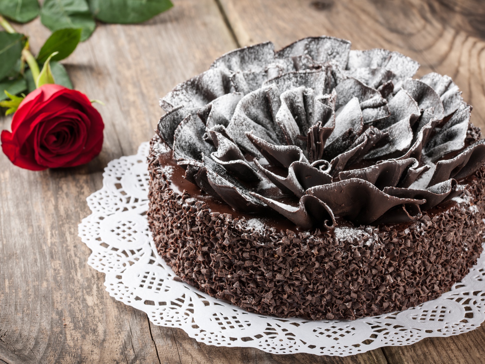 A beautiful cake with a chocolate flower and a red rose for a holiday  Desktop wallpapers 1600x1200