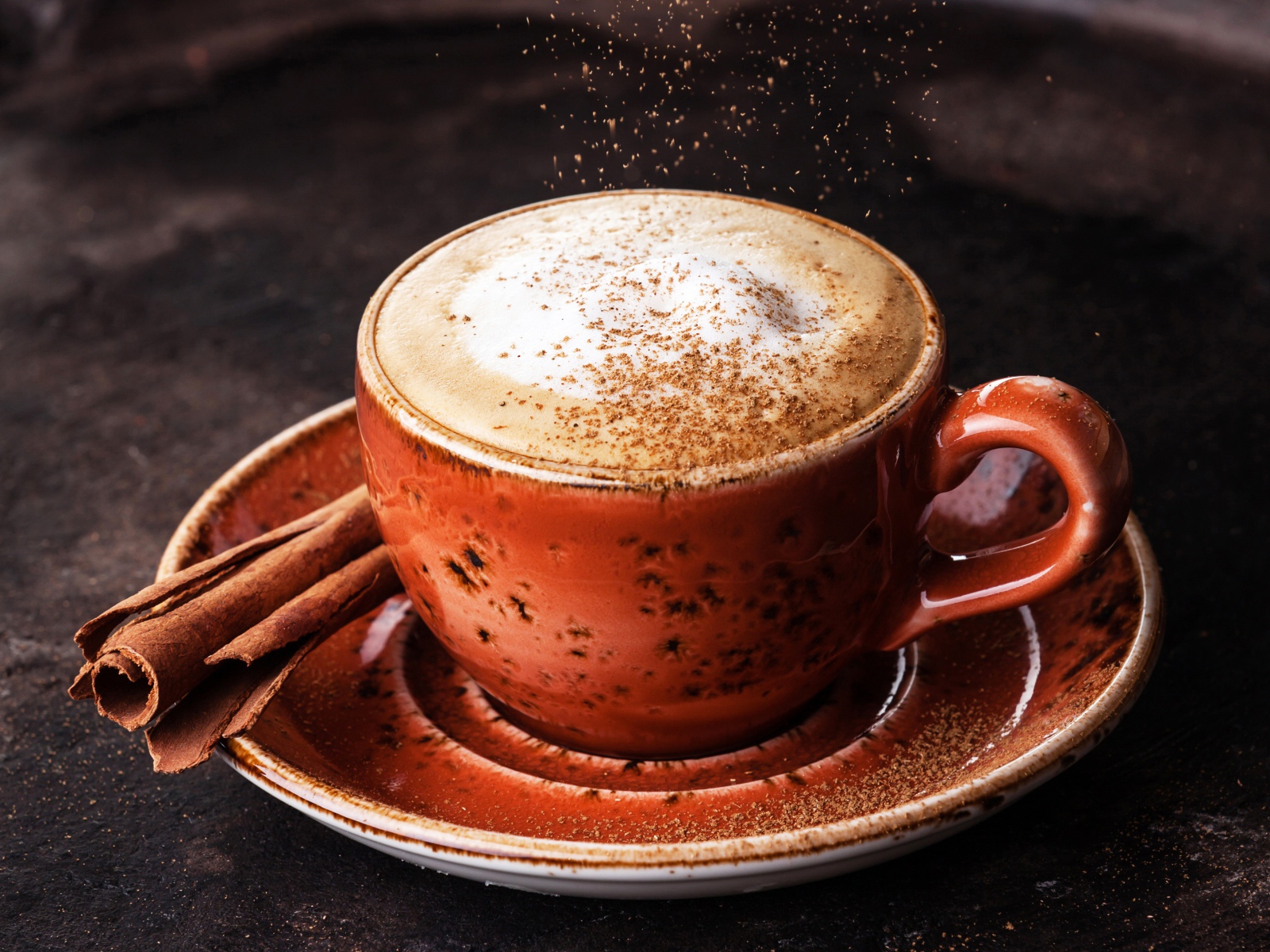 Чашка капучино с корицей на блюдце