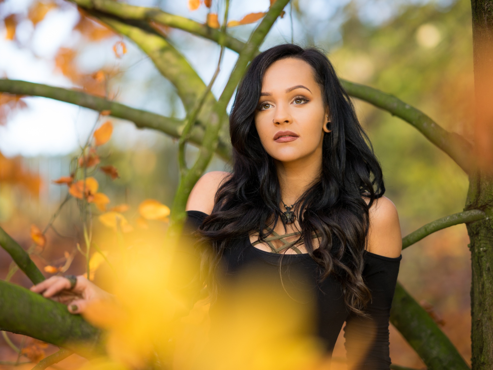 Красивая брюнетка у дерева в черном платье