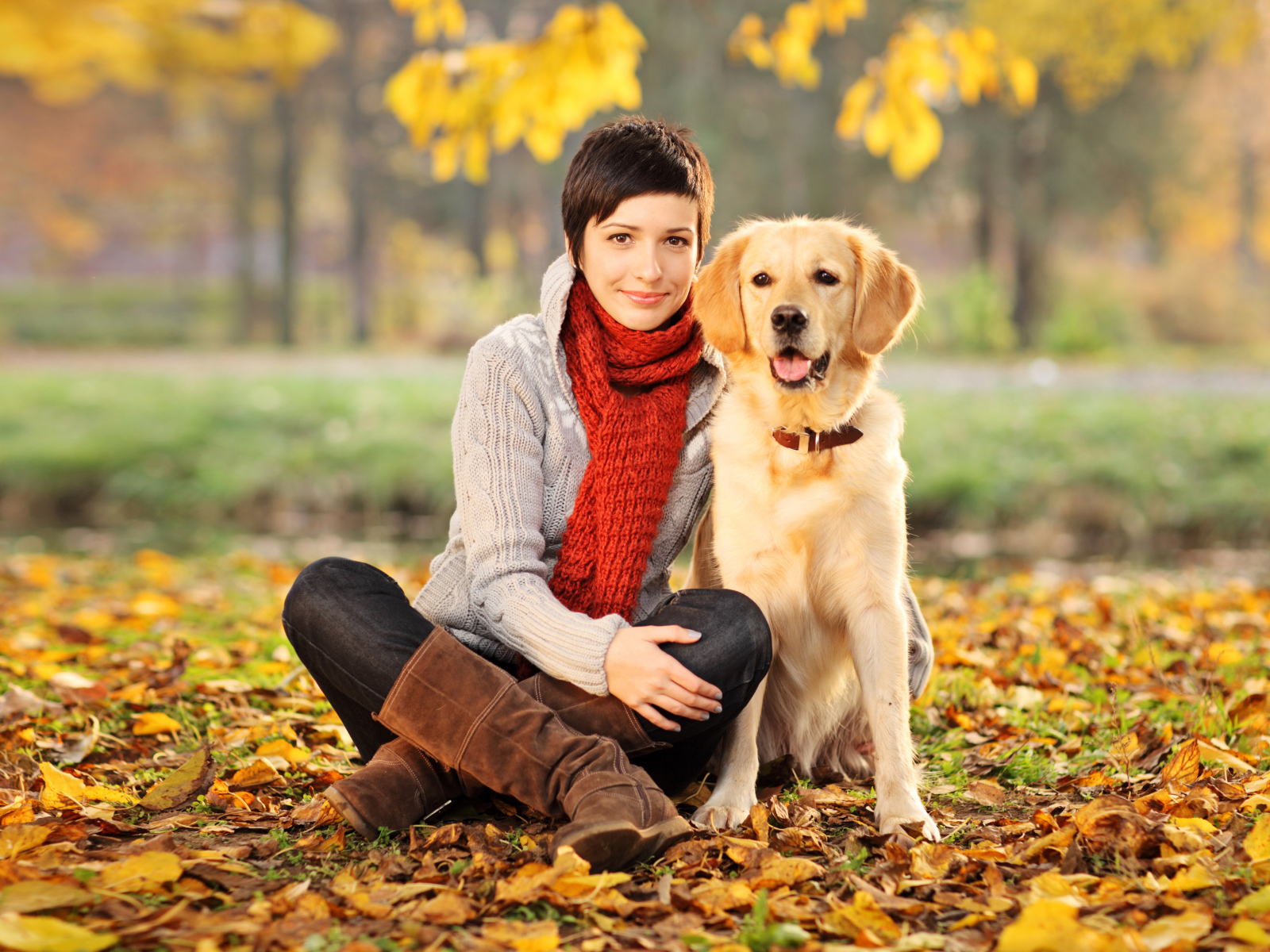 Красивая девушка с собакой породы золотистый ретривер 