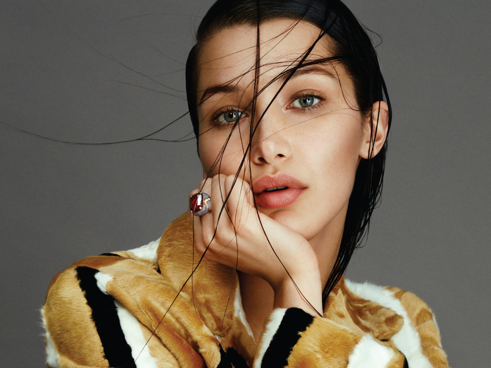 Девушка модель Белла Хадид фото на сером фоне