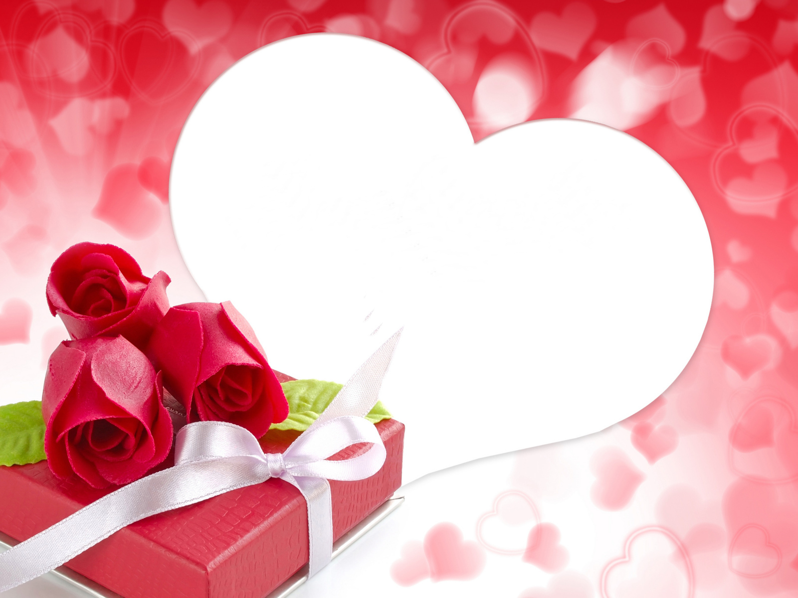 Большое белое сердце с розами и подарком, Шаблон поздравительной открытки на День Святого Валентина