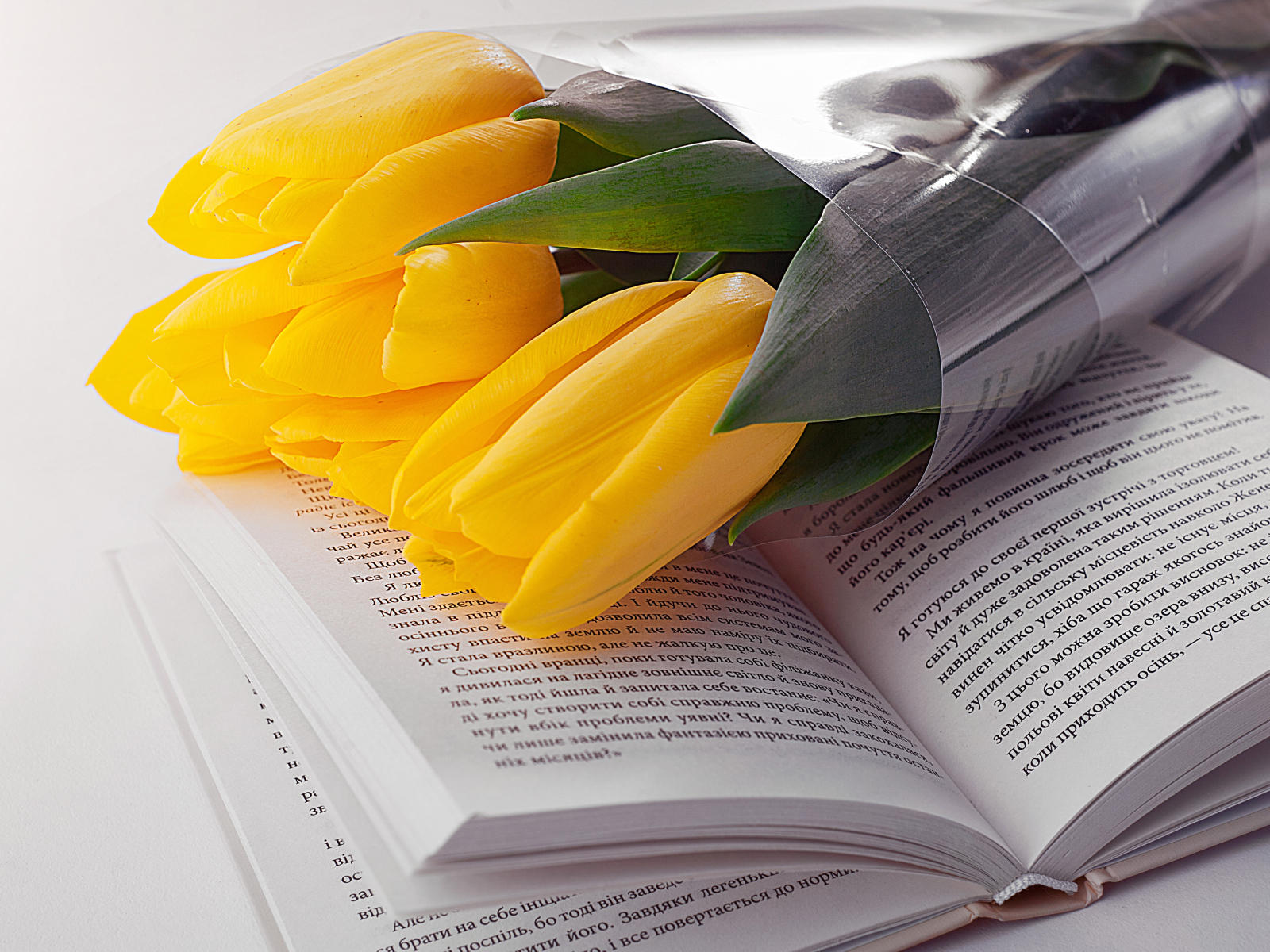 Букет желтых тюльпанов лежит на открытой книге