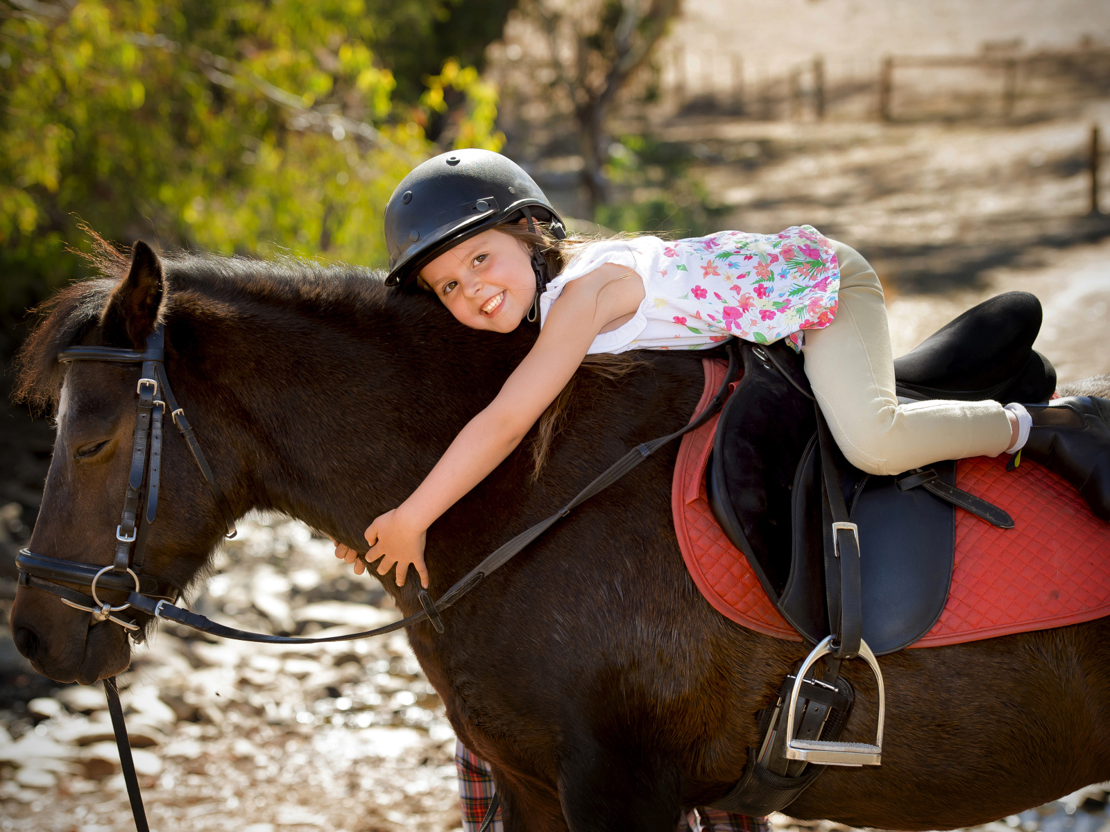 Маленькая девочка в шлеме верхом на пони
