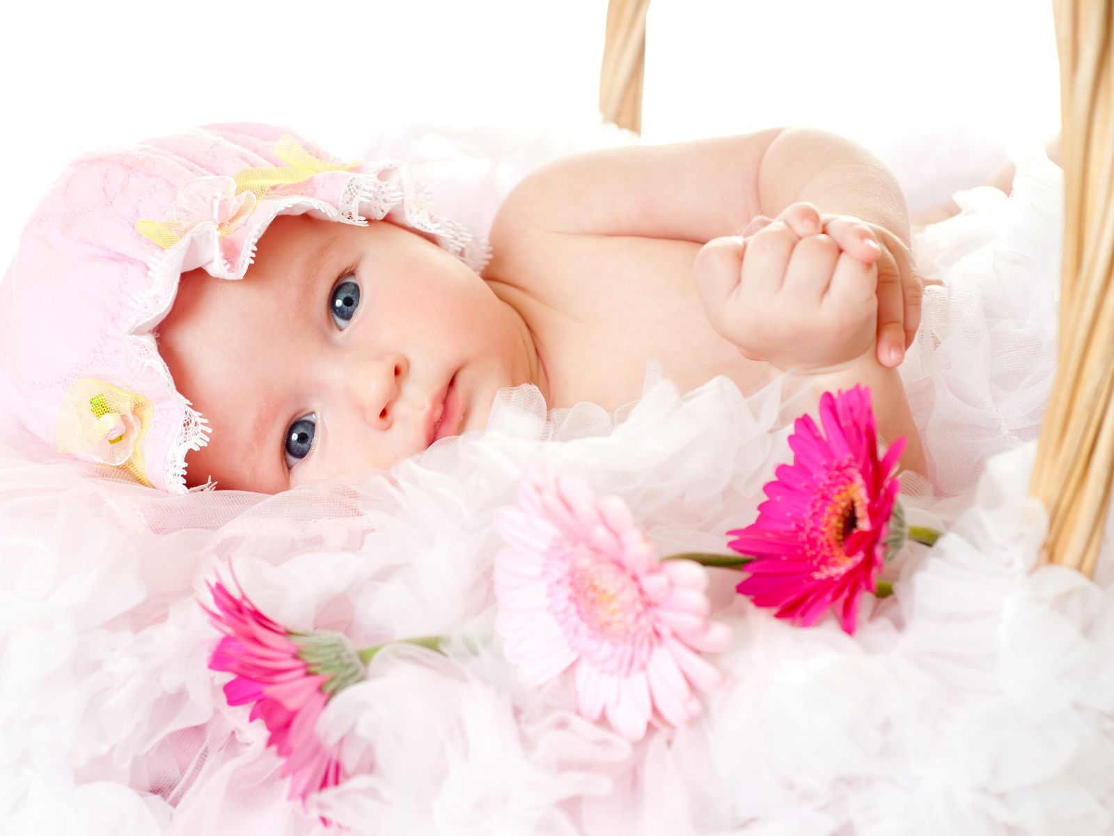 Милая девочка с шапке с тремя цветками герберы