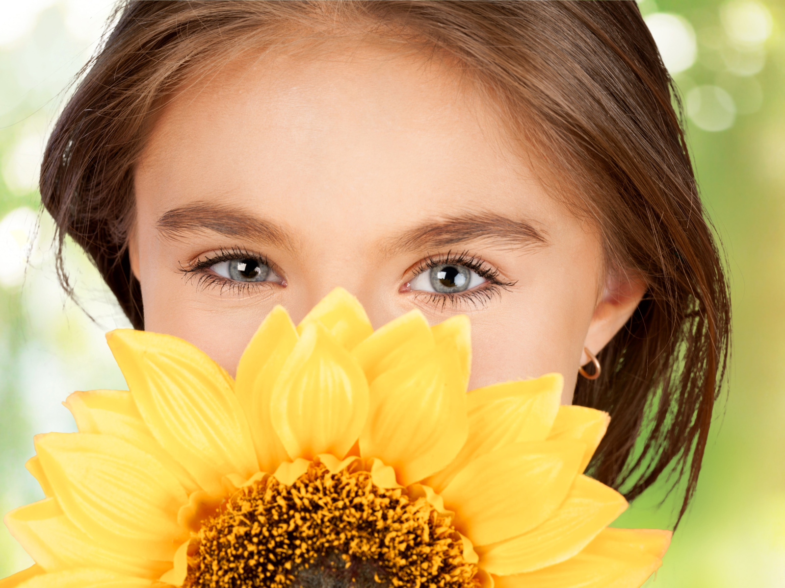 Взгляд маленькой девочки шатенки с подсолнухом в руках