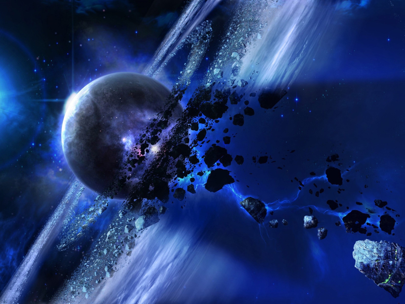 Полет метеоритов вокруг планеты Сатурн в космосе