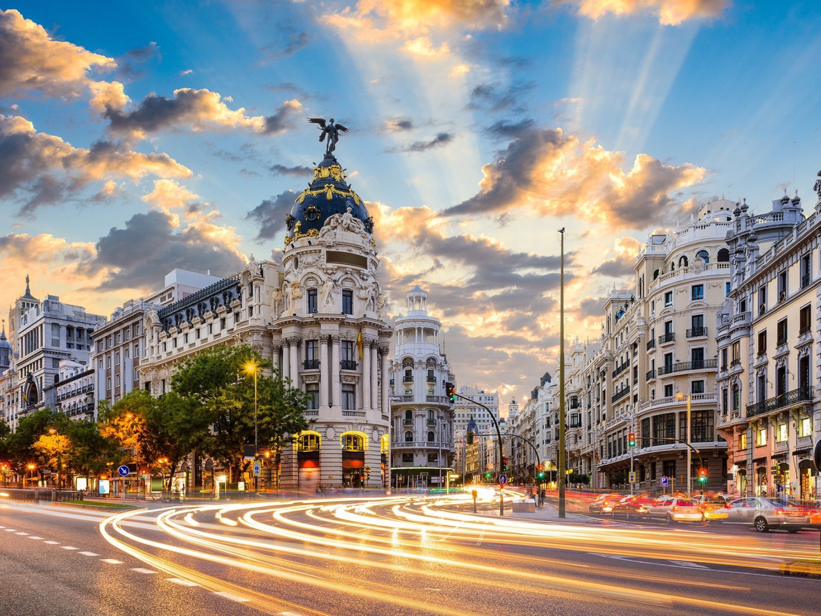 Ancient architecture on the Gran Via street, Madrid. Spain
