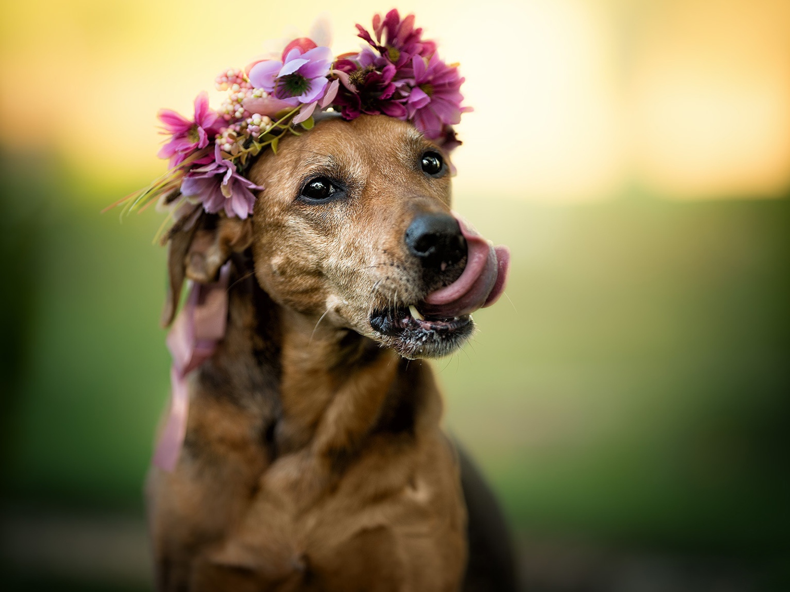 Собака с высунутым языком с венком на голове 