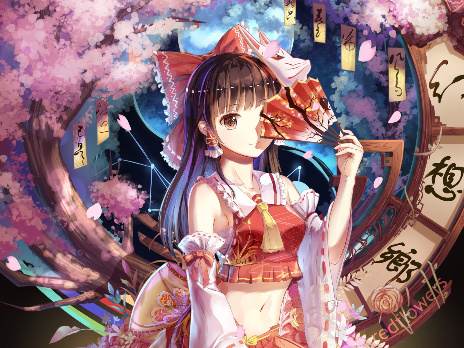 Девушка аниме Рейму Хакурей с веером в руке 