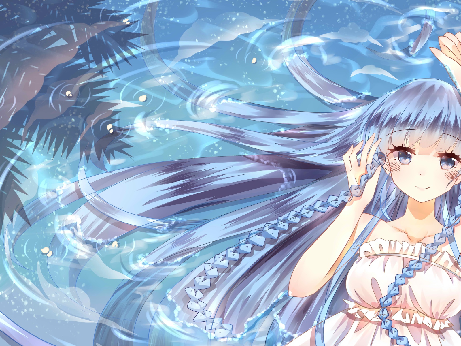 Девушка аниме с длинными волосами в воде