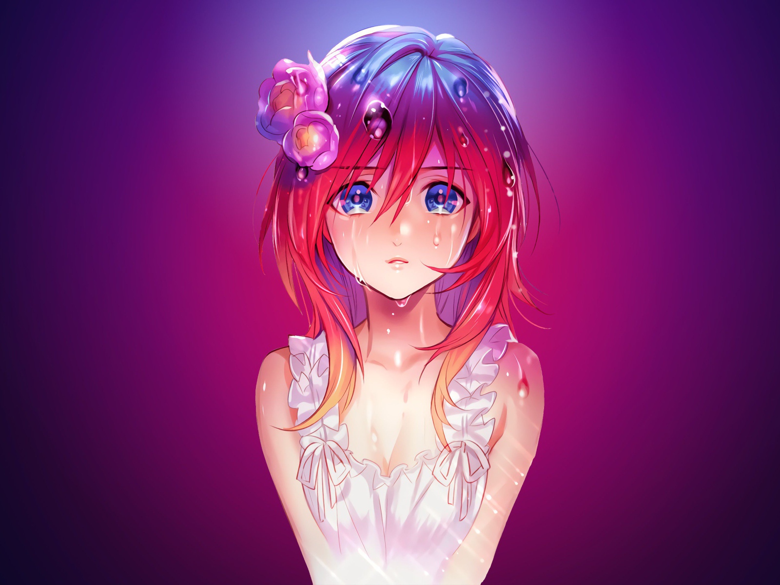 Капли воды стекают по волосам девушка аниме