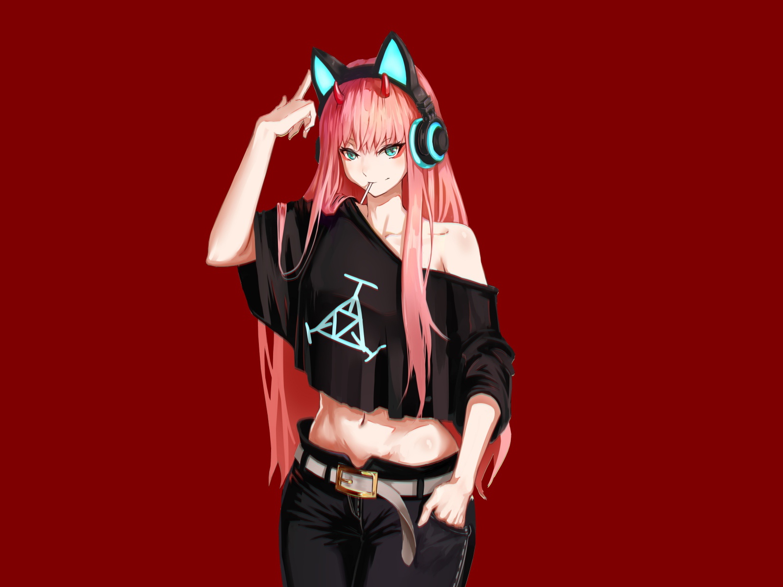 Девушка с розовыми волосами в наушниках аниме Zero Two