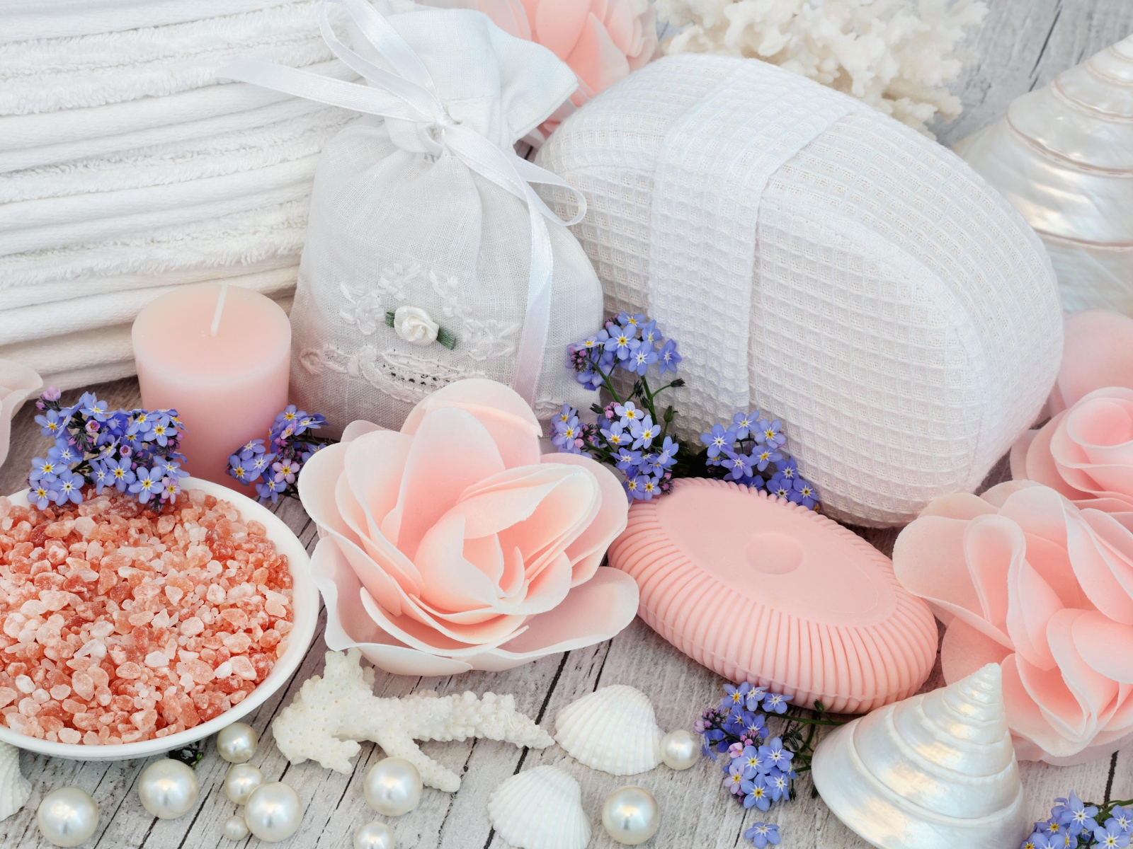 Fragrant salt, soap, candles and spa accessories