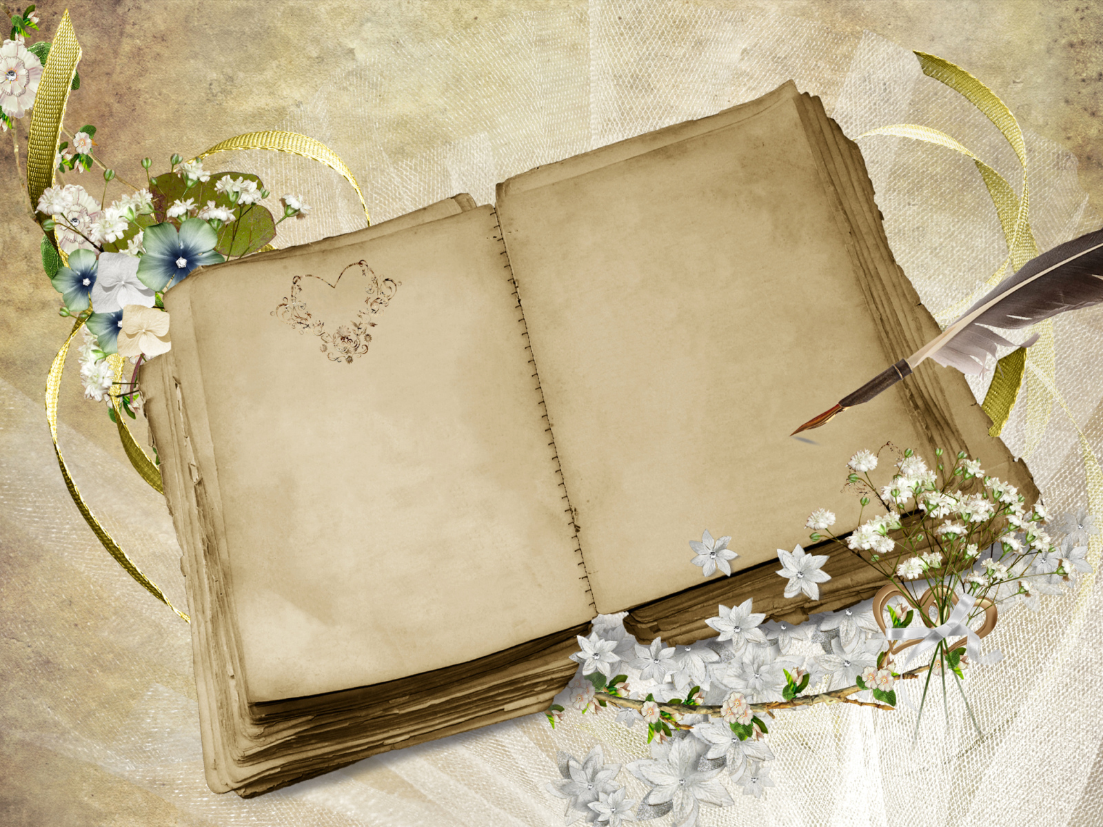 Старая книга с пером и цветами, шаблон для поздравительной открытки