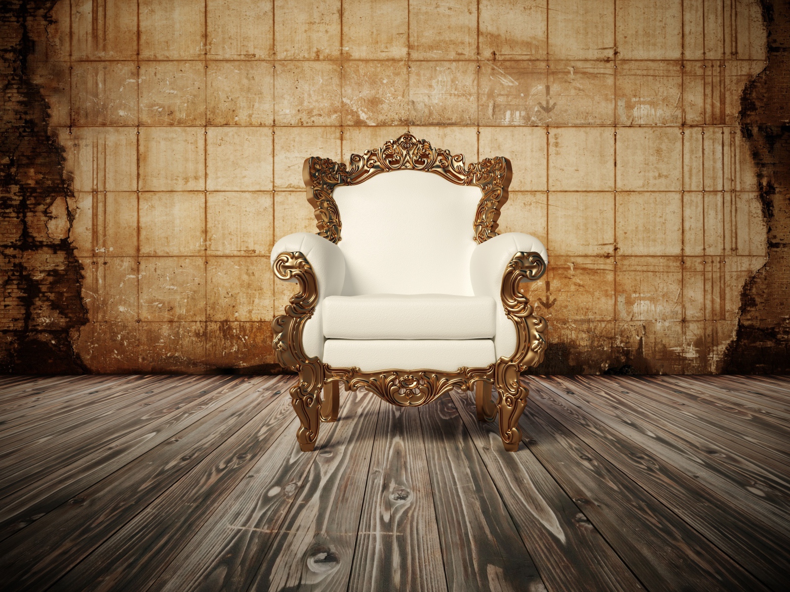 Белое новое кожаное кресло на деревянном полу у старой стены