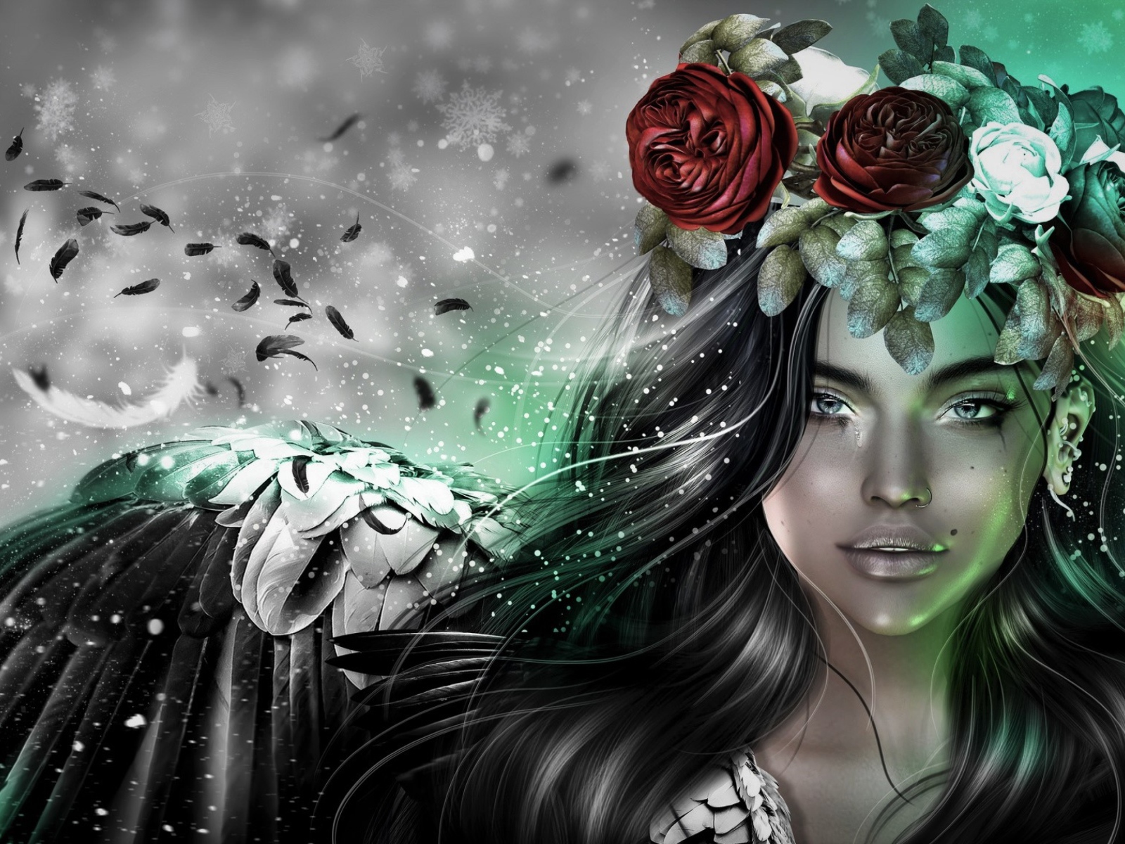 Девушка черный ангел с венком на голове, фэнтези 