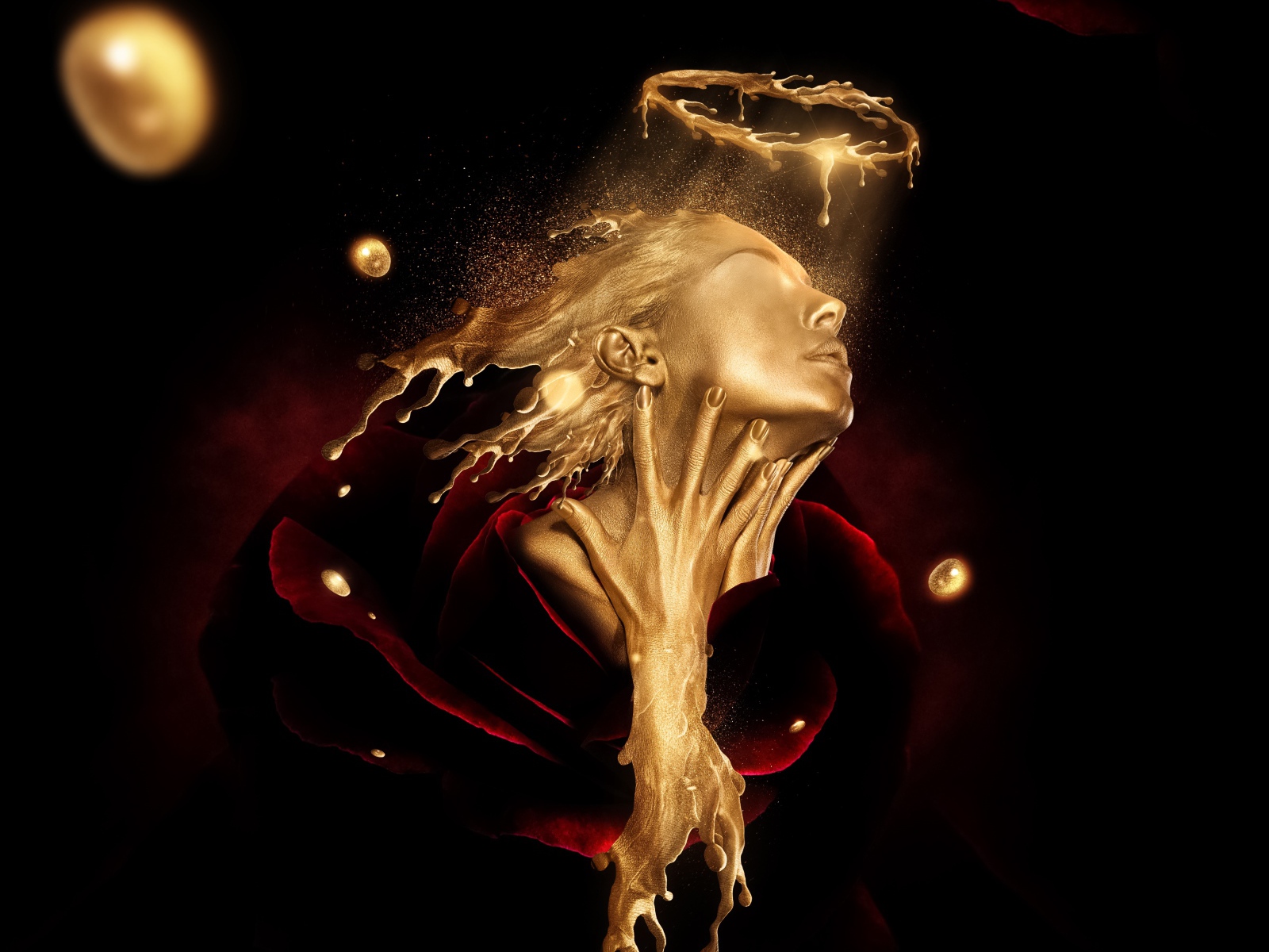 Лицо девушки из золота в красной розе, фэнтези