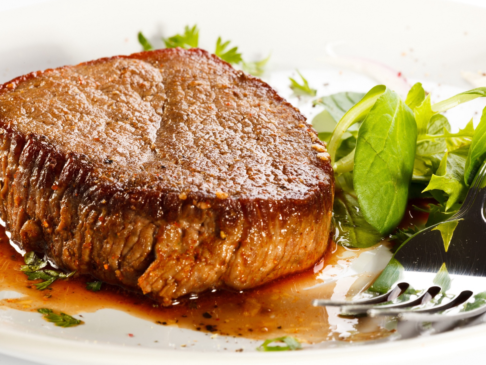 Отбивная с зеленым салатом на тарелке с вилкой