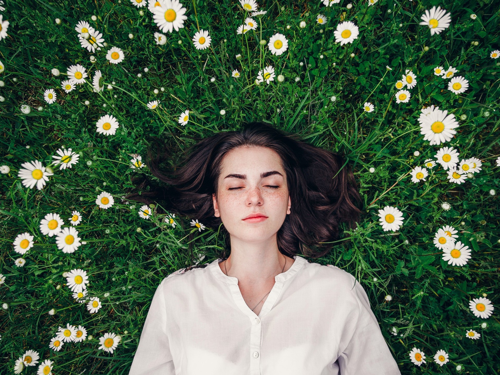 Красивая девушка лежит на зеленой траве с ромашками