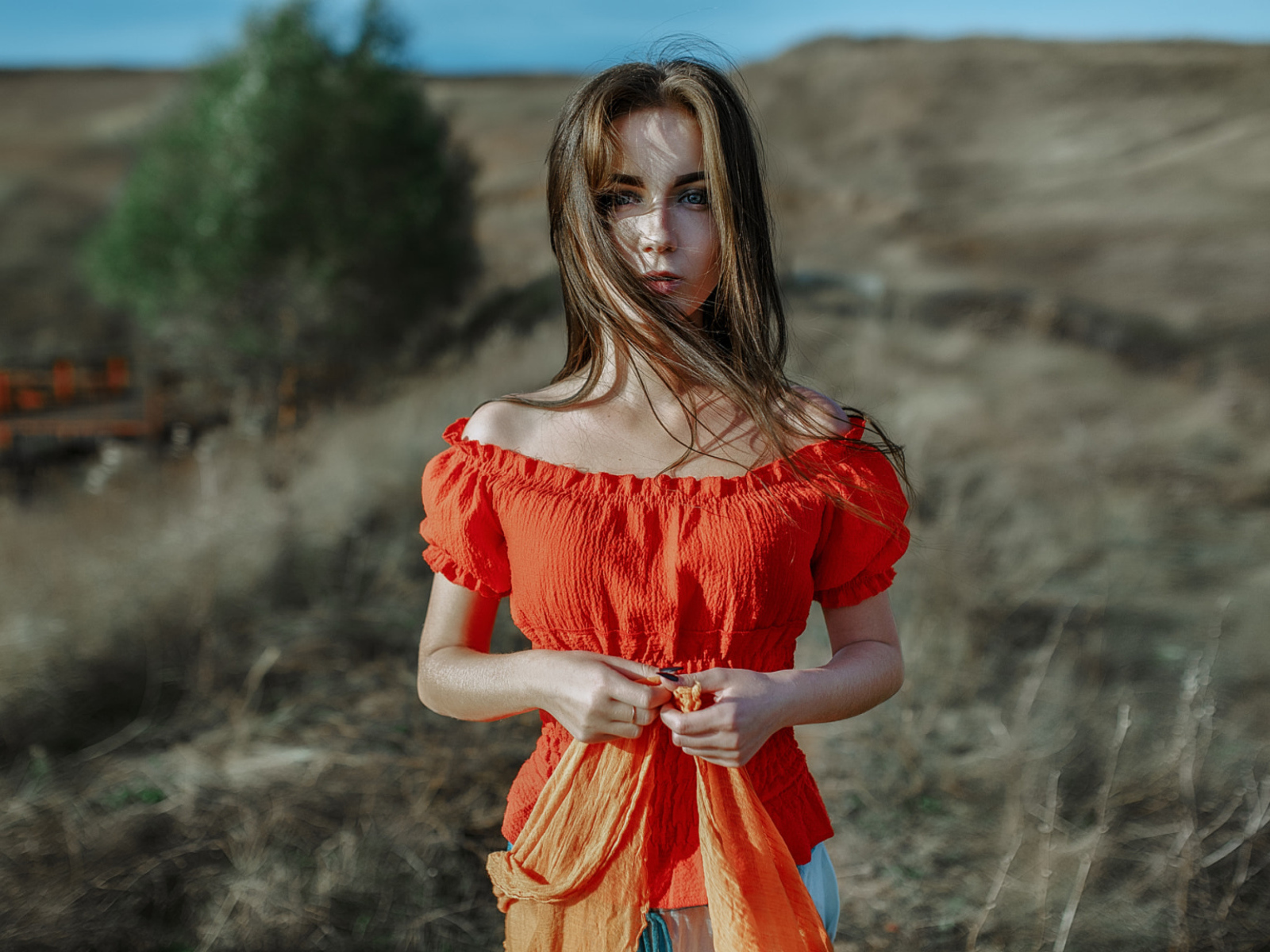 Ветер развивает волосы красивой девушке шатенке 