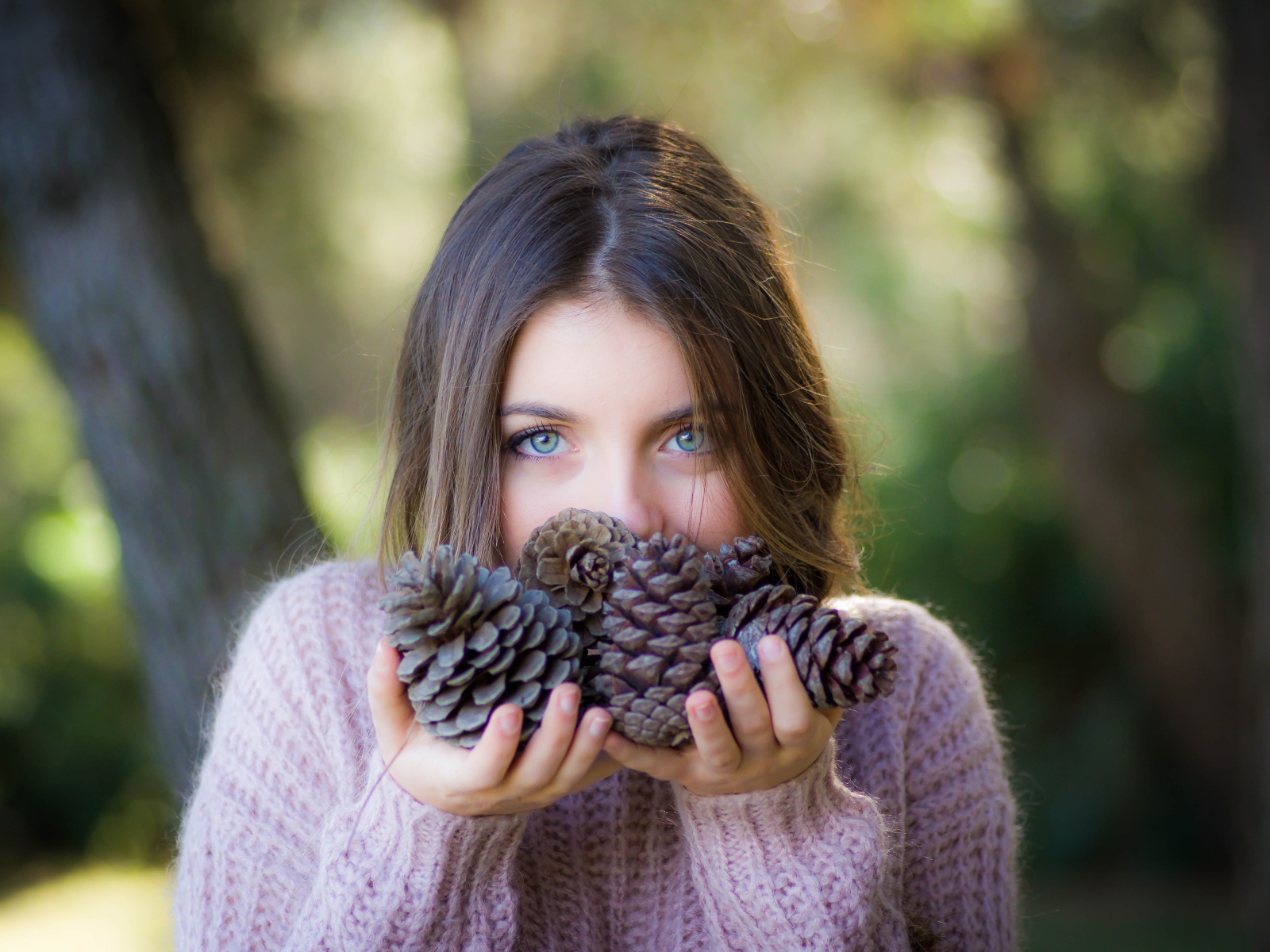 Молодая девушка с шишками в руках