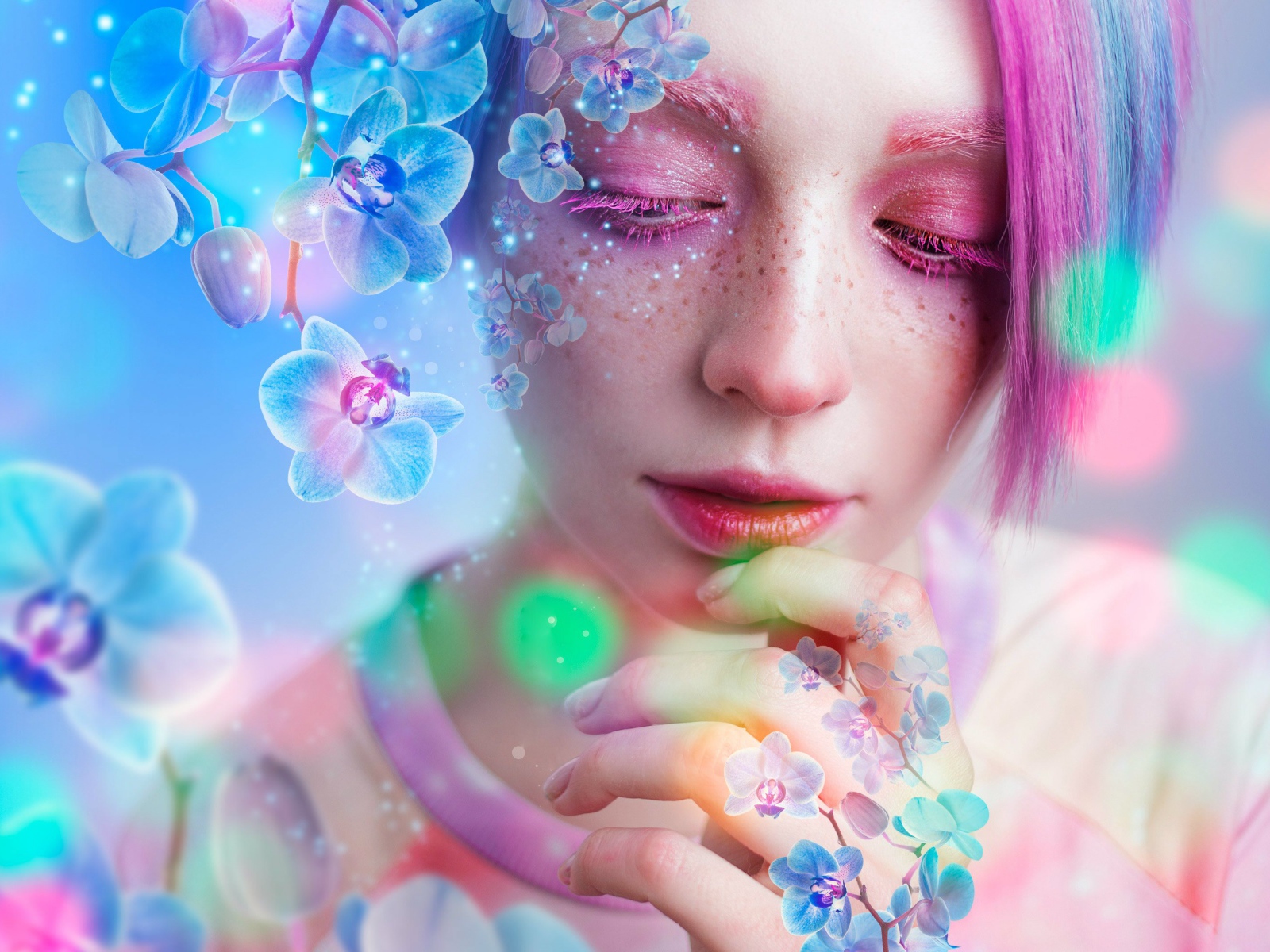 Молодая девушка с розовым макияжем в окружении цветов