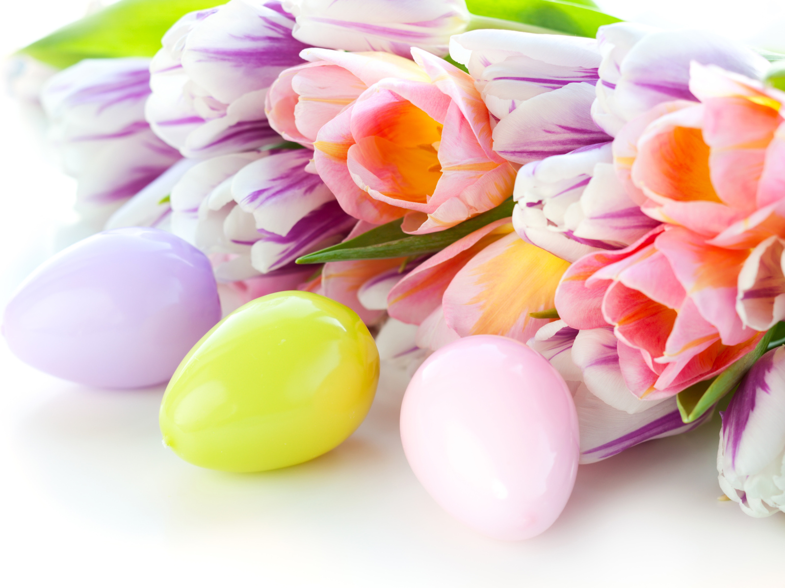 Разноцветные тюльпаны и крашеные яйца на праздник Пасха