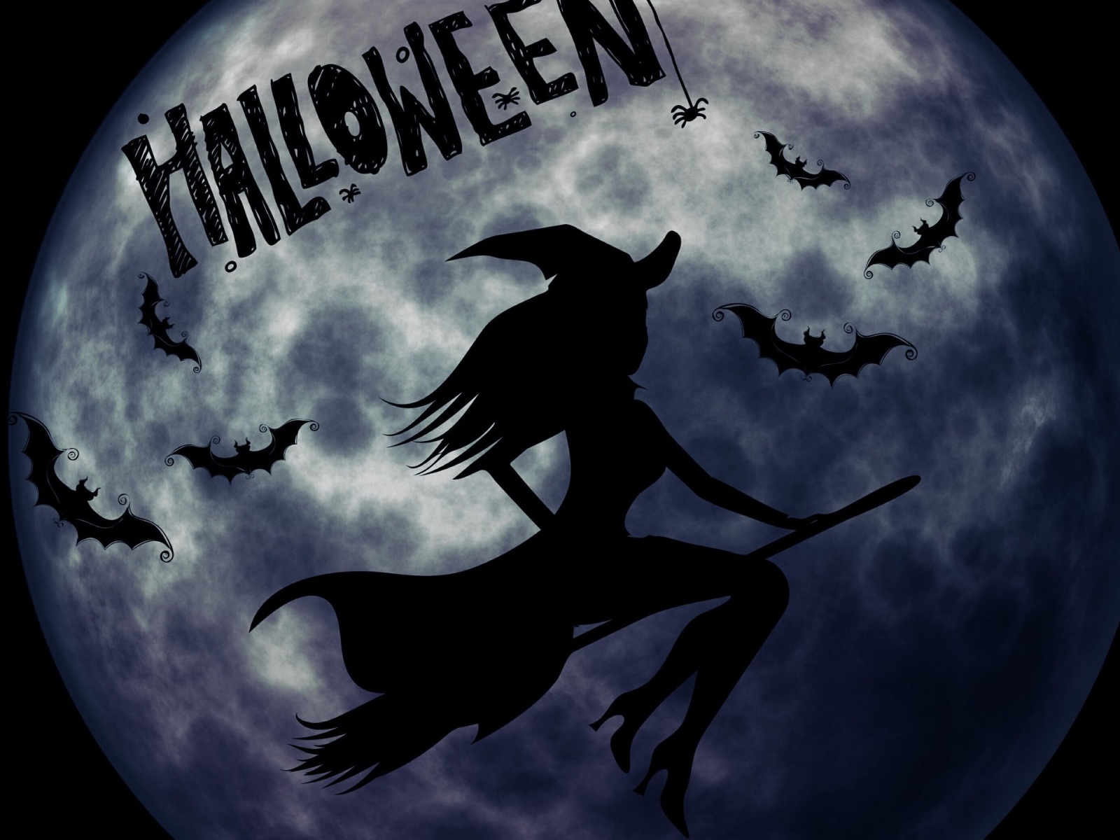Ведьма на метле на фоне луны на праздник Хэллоуин, 31 октября