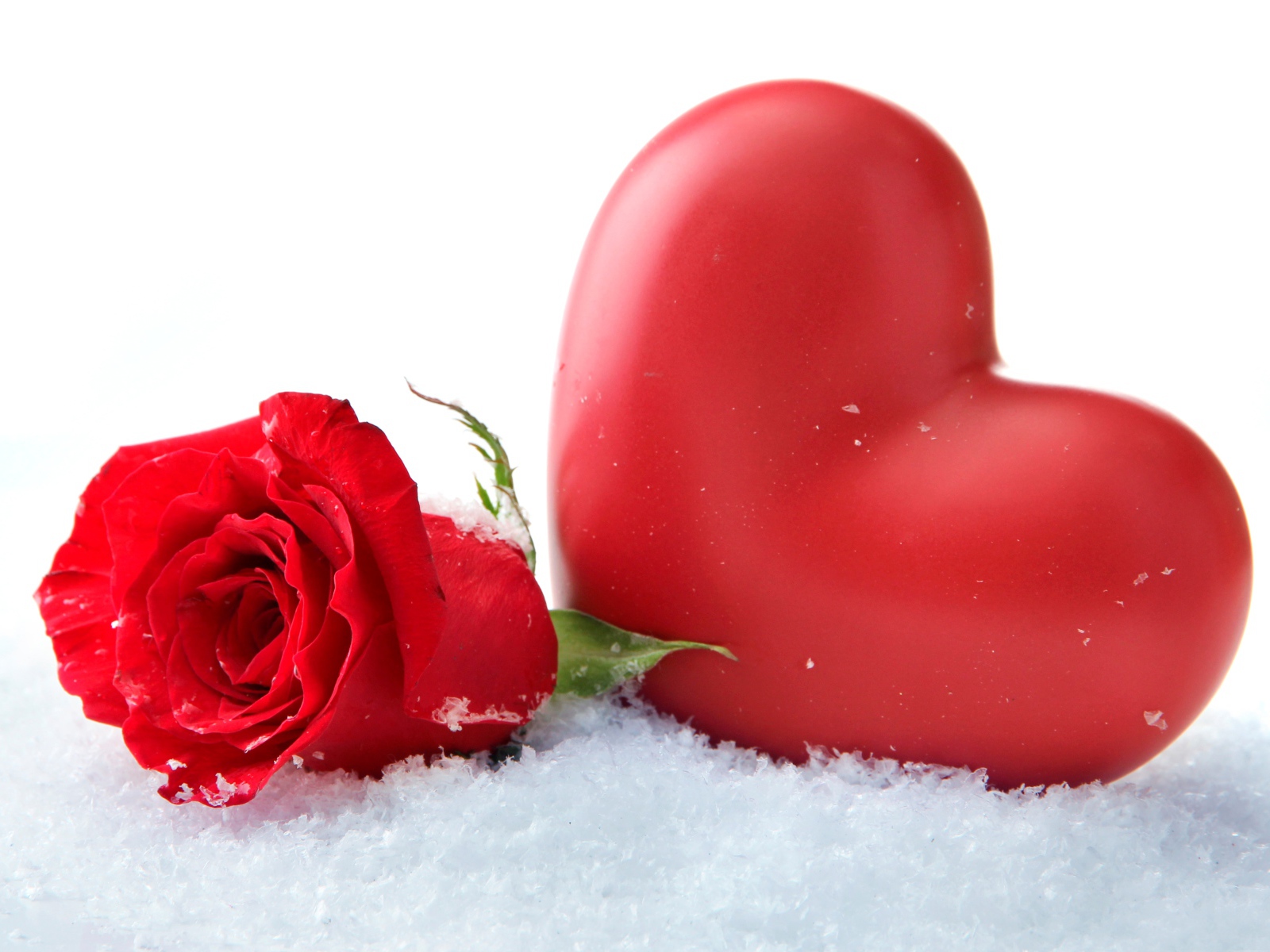 Большое красное сердце с красной розой на снегу