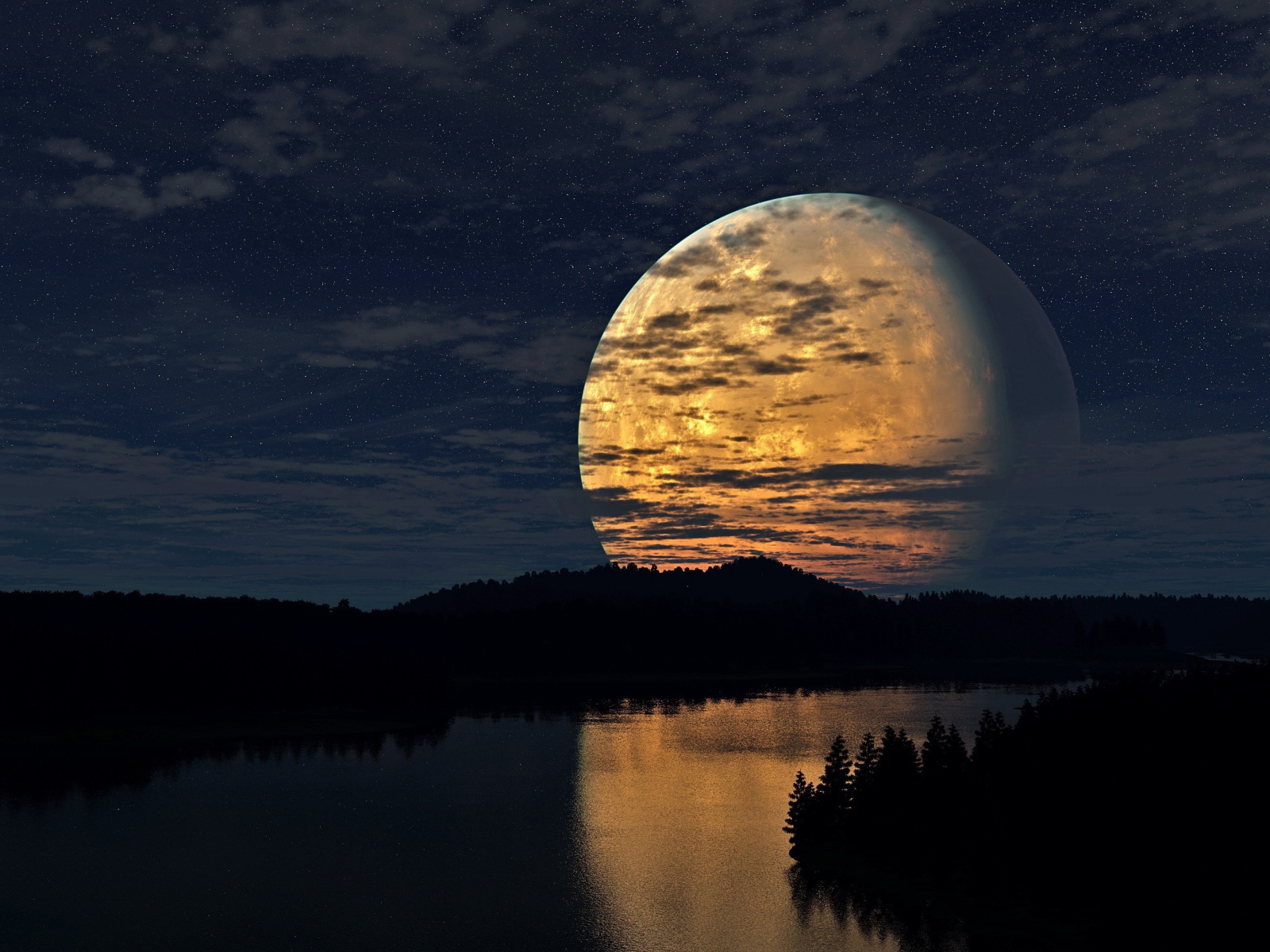 Огромная луна отражается в реке ночью