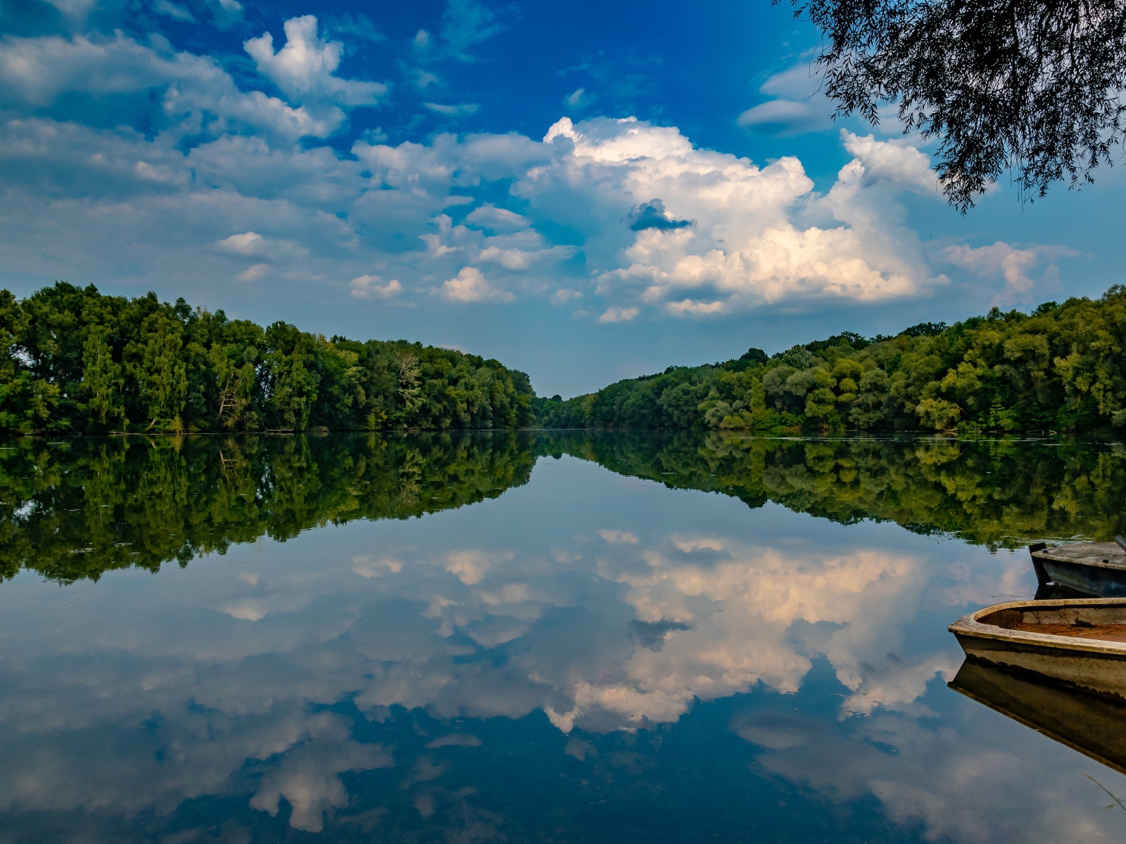 Красивое голубое небо и зеленый лес отражаются в зеркальной глади озера