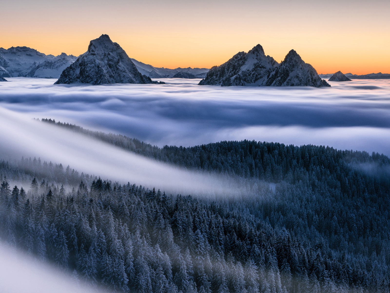 Fog covers the forest and snow-covered tops of mountains