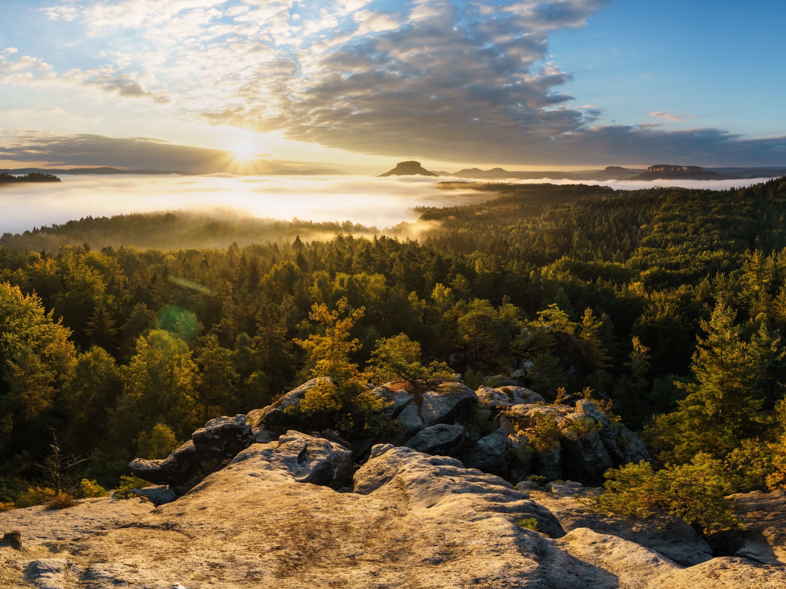 Вид со скалы на покрытый туманом лес и озеро на восходе солнца