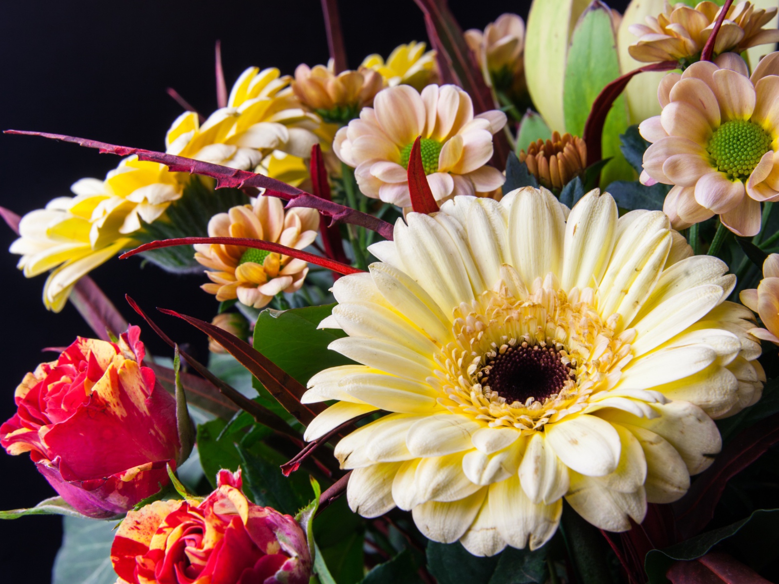 Букет с цветами герберы, розы и хризантемы