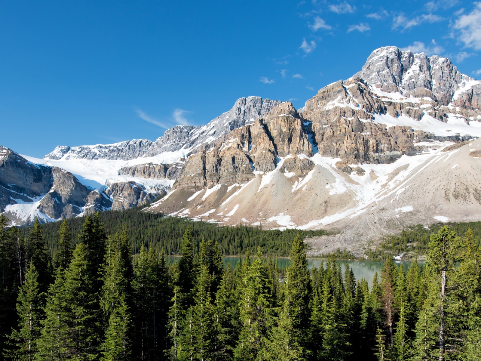 Заснеженные горы с озера у зеленого леса под голубым небом