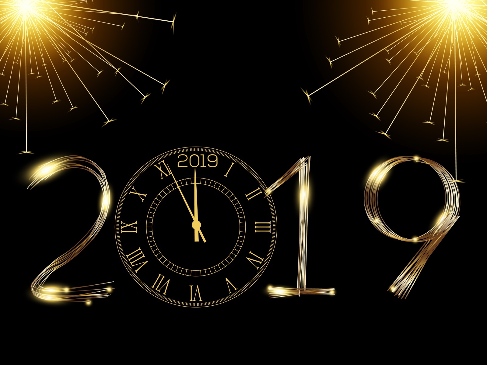 Bright numbers 2019 with a clock on a black background.
