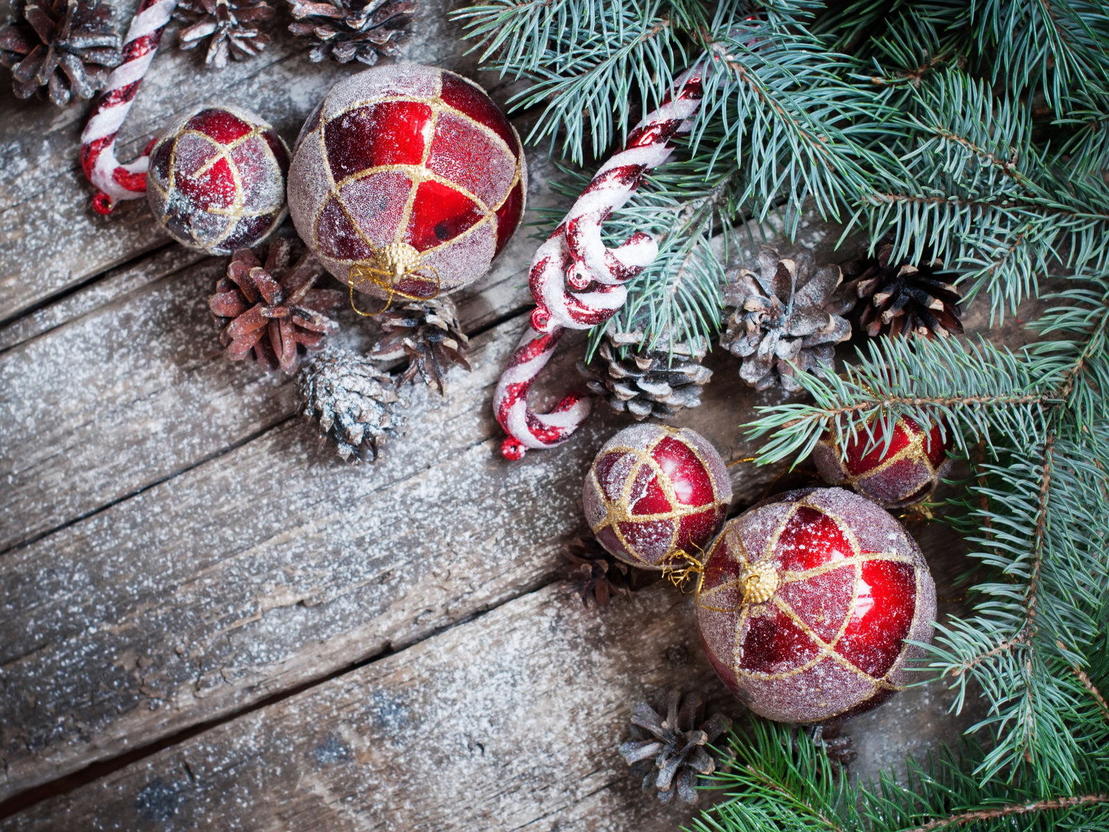 Красные еловые игрушки, шишки и зеленая еловая ветка на Новый год и Рождество 2019 