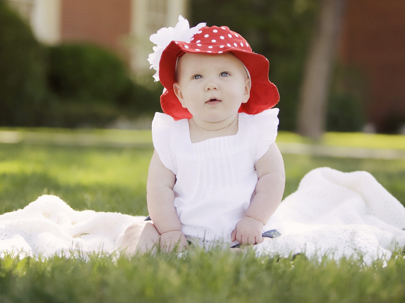 Маленькая девочка в белом платье и красной шляпе
